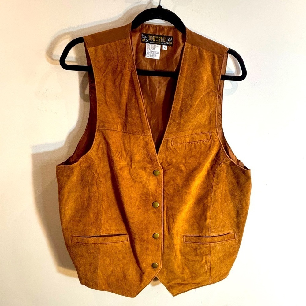 DON’T STOP Sz XL Tan Suede Vest with Snap Buttons and Back Adjustable Tie